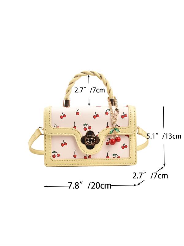 Women's Cute Cherry Graphic Handbag with Cherry Charm, Trendy Elegant Square Crossbody Bag, Chic All-match Handbag & Crossbody Bag for Daily Use