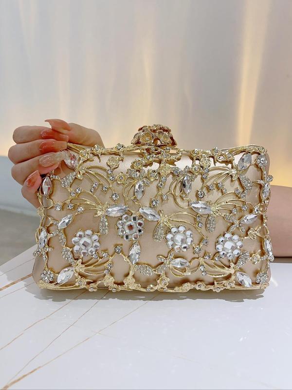 Women's 2024 Summer Artificial Gemstone Floral Design Evening Bag, Elegant Rhinestone Decorated Floral Embossed Clutch for Wedding & Party & Dating