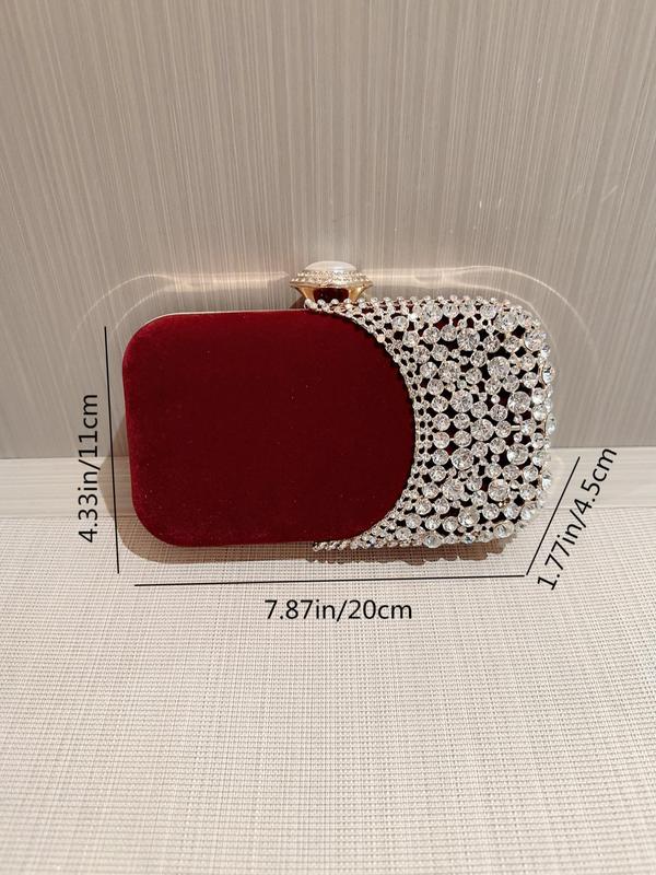 Women's Rhinestone Decorated Flannel Evening Bag, Elegant Clutch Purse for Party, Banquet, 2024 New Trendy All-match Formal Dress Box Bag