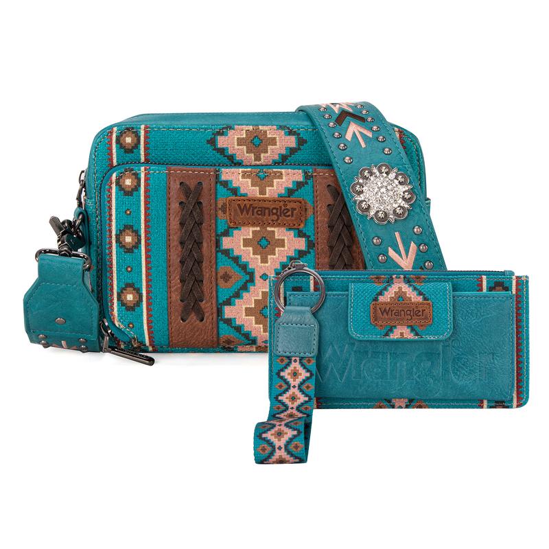 Wrangler Women's Boho Aztec Small Multi Pocket Crossover Purse x Aztec Clutch Wristlet Wallet with Boho Credit Card Holder