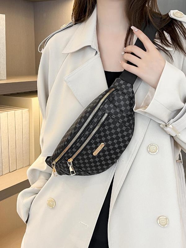 Women's  Fashionable Geometric Pattern Fanny Pack, Casual Pu Leather Zipper Bum Bag for Daily Used, Belt Bag with Wide Strap