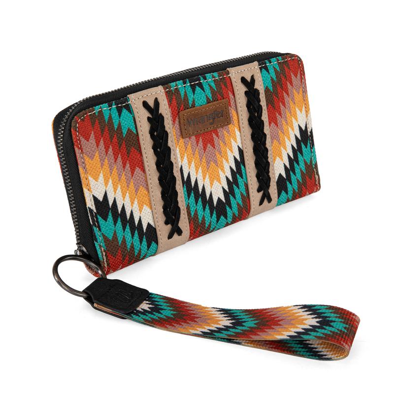 Wrangler [MegaLive] Southwestern Pattern Print Whipstitch Wristlet Clutch Wallet Large Capacity Credit Card Holder Gifts for Women