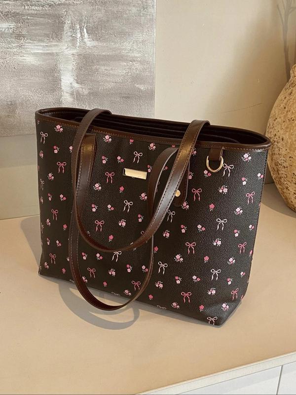 Women's Floral & Bow Pattern Tote Bag, Fashionable Large Capacity Shoulder Bag for Work & Daily Used, Casual Trendy Versatile High-quality Daily Commuting Bag