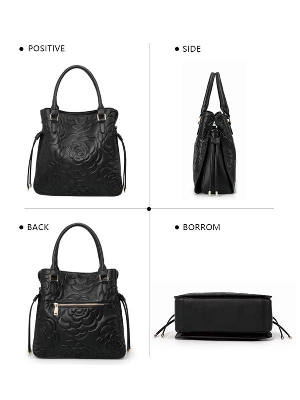 Women's Business Style Rose Embossed Handbag, Large Capacity Multi-pocket Zipper Shoulder Bag for Work & Daily Used, Casual Trendy Versatile High-quality Daily Commuting Bag