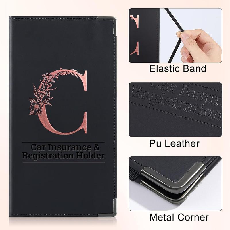 Registration and  Card Holder Alphabet Vehicle Glove Box Organizer PU Leather  Document Holder for Cards, Driver License &  Document  Accessories,Black C