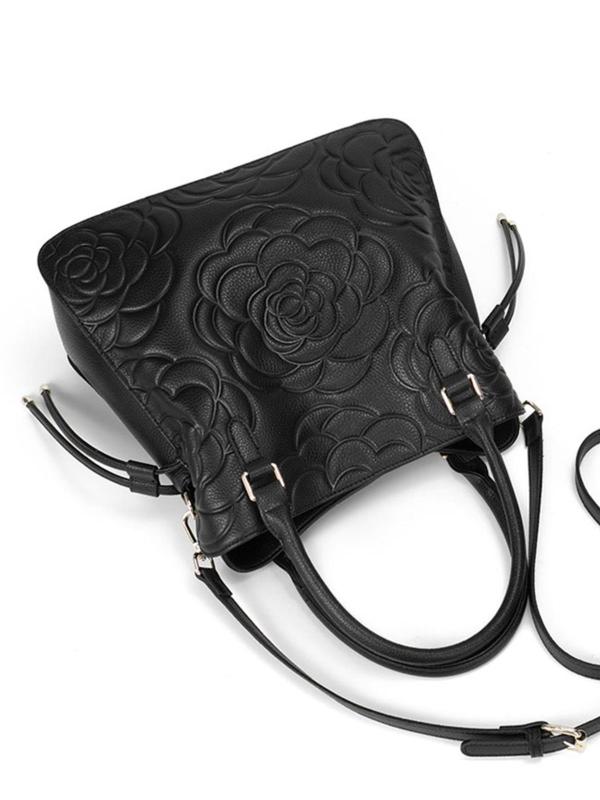 Women's Business Style Rose Embossed Handbag, Large Capacity Multi-pocket Zipper Shoulder Bag for Work & Daily Used, Casual Trendy Versatile High-quality Daily Commuting Bag