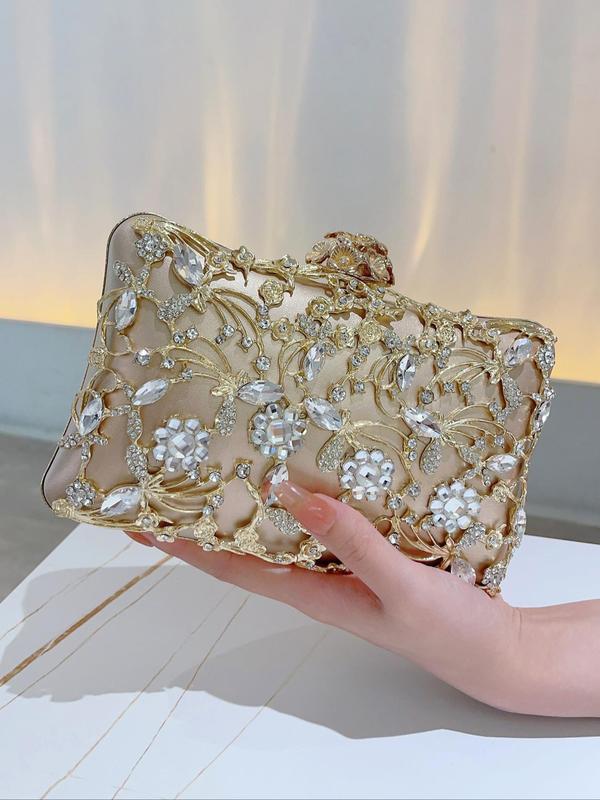 Women's 2024 Summer Artificial Gemstone Floral Design Evening Bag, Elegant Rhinestone Decorated Floral Embossed Clutch for Wedding & Party & Dating