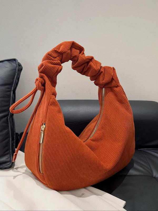 Women's Elegant Ruched Design Shoulder Bag, Trendy Minimalist Corduroy Hobo Bag, Chic All-match Shoulder Bag for Daily & Work Use