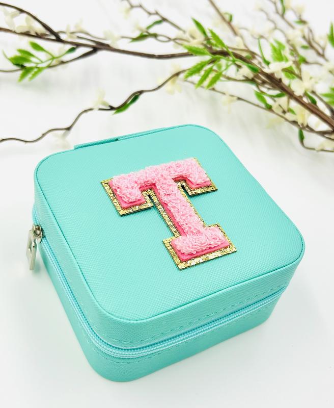 Mint Travel Jewelry Organizer with Initial Chenille Letter Patch