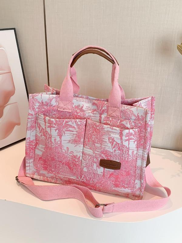 Fashion Floral Pattern Tote Bag, Casual Letter Label Decorated Shoulder Bag for Women, Trendy All-match Commuter Designer Bag for Daily Used