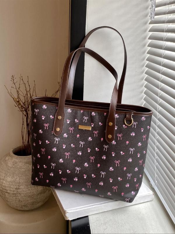 Women's Floral & Bow Pattern Tote Bag, Fashionable Large Capacity Shoulder Bag for Work & Daily Used, Casual Trendy Versatile High-quality Daily Commuting Bag