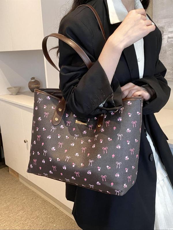 Women's Floral & Bow Pattern Tote Bag, Fashionable Large Capacity Shoulder Bag for Work & Daily Used, Casual Trendy Versatile High-quality Daily Commuting Bag