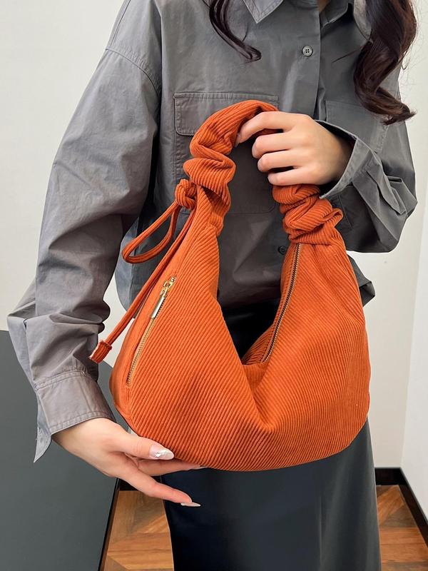 Women's Elegant Ruched Design Shoulder Bag, Trendy Minimalist Corduroy Hobo Bag, Chic All-match Shoulder Bag for Daily & Work Use