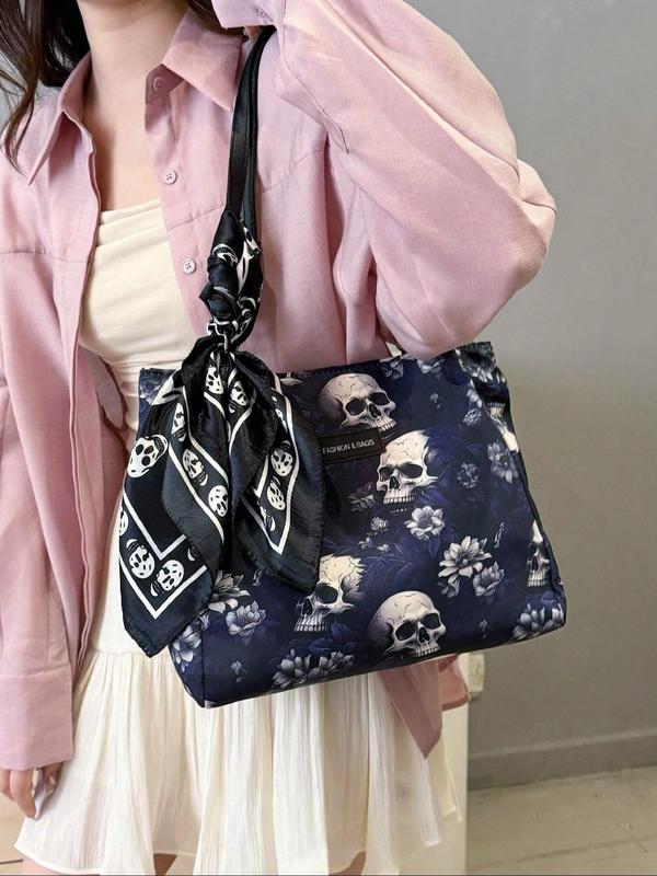 Women's Creative Fashion Random Skull Print Tote Bag for Gift, Casual Versatile Zipper Shoulder Bag, Trendy All-match Bag for Daily Use