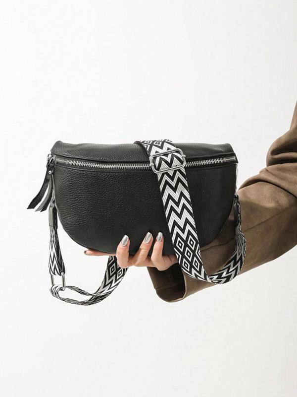 Women's Fashionable Fanny Pack, with Geometric Pattern Bag Strap, Casual Pu Leather Zipper Sling Bag for Daily Used, Trendy Versatile High-quality Daily Commuting Bag, Girl Fashionable Shopping Bag