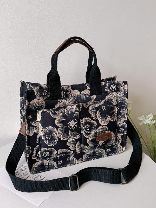 Fashion Floral Pattern Tote Bag, Casual Letter Label Decorated Shoulder Bag for Women, Trendy All-match Commuter Designer Bag for Daily Used