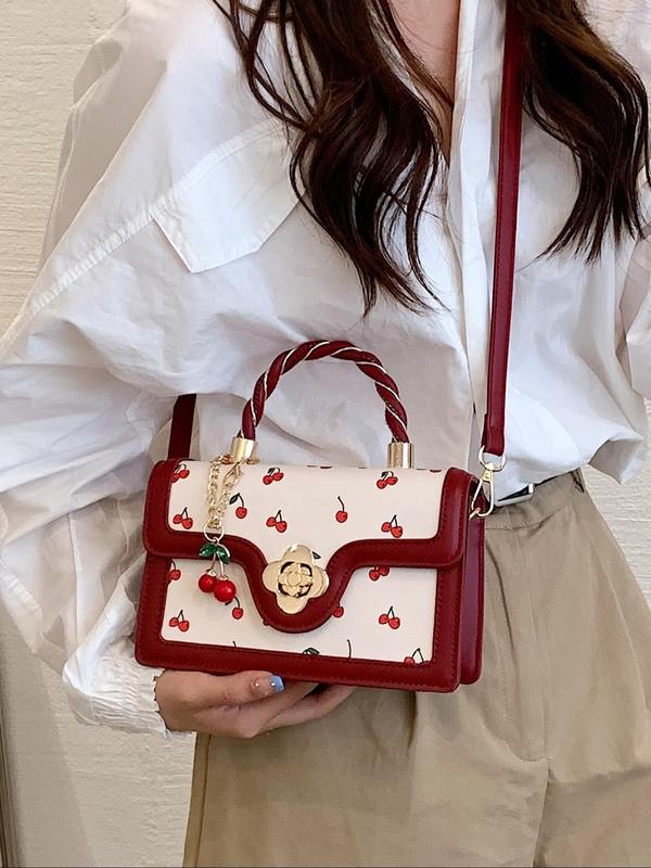 Women's Cute Cherry Graphic Handbag with Cherry Charm, Trendy Elegant Square Crossbody Bag, Chic All-match Handbag & Crossbody Bag for Daily Use