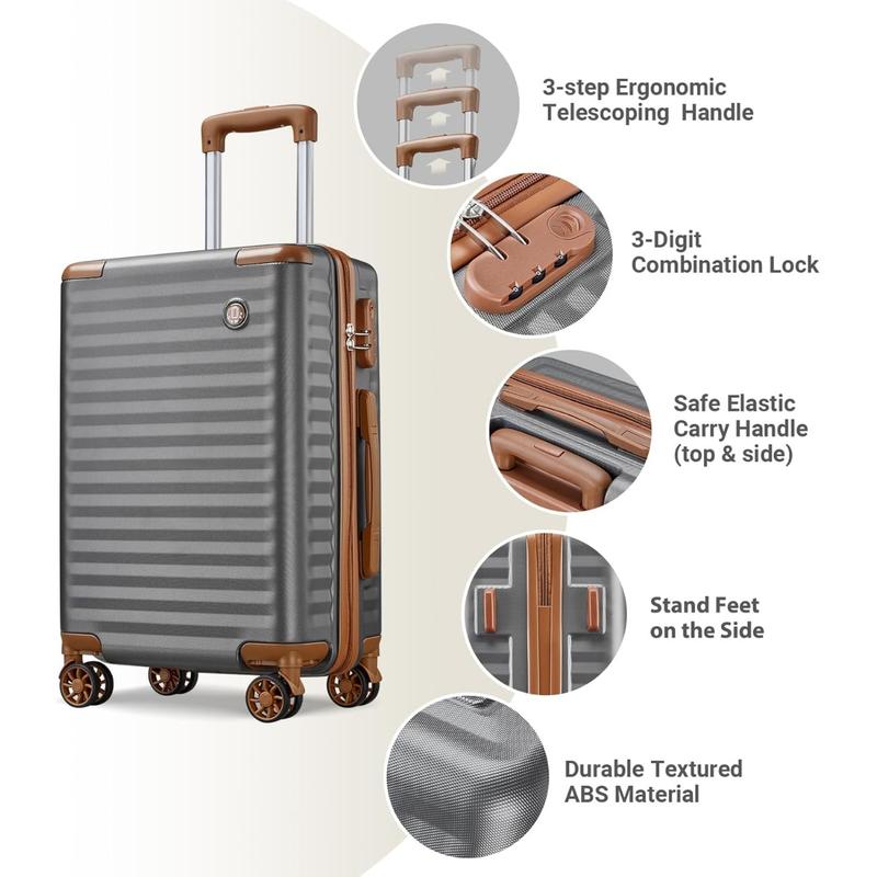 Carry on Luggage 20 Inch Suitcases with Spinner Wheels, Hard Shell Luggage Sets 3 Piece Travel Suitcase Set with Combination Lock(20-In, Grey Brown)