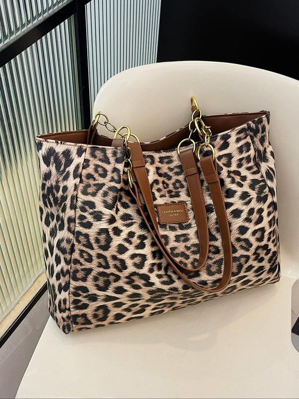 Fashion Leopard Pattern Tote Bag, Casual Large Capacity Shoulder Bag for Women, Trendy All-match Commuter Bag for Work & Daily Used