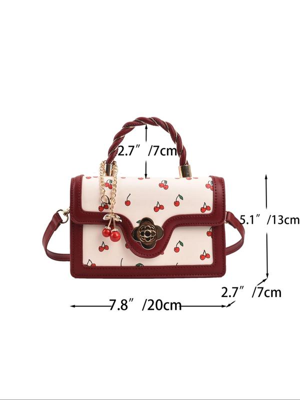 Women's Cute Cherry Graphic Handbag with Cherry Charm, Trendy Elegant Square Crossbody Bag, Chic All-match Handbag & Crossbody Bag for Daily Use