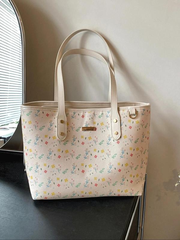 Women's Floral & Bow Pattern Tote Bag, Fashionable Large Capacity Shoulder Bag for Work & Daily Used, Casual Trendy Versatile High-quality Daily Commuting Bag