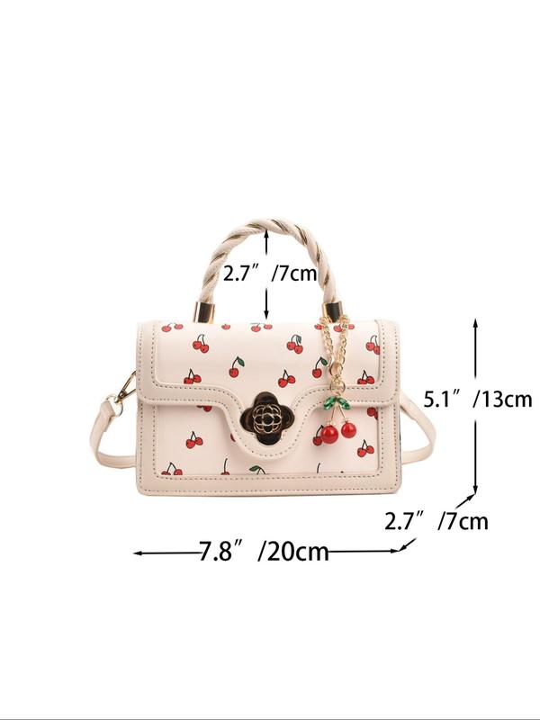 Women's Cute Cherry Graphic Handbag with Cherry Charm, Trendy Elegant Square Crossbody Bag, Chic All-match Handbag & Crossbody Bag for Daily Use