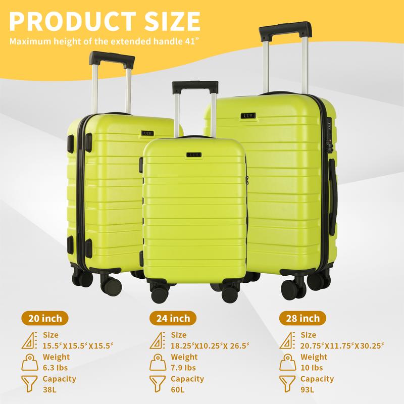 UUH 3-Piece Luggage Case PC+ABS Sturdy Huge Capacity Suitcase Two Double 360° Silent Spinner Wheels Family Travel Good Partner