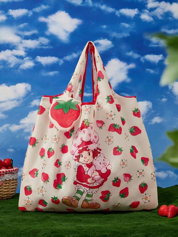 Strawberry Shortcake Cute Cartoon Character & Strawberry Print Color Block Foldable Shopping Tote Bag