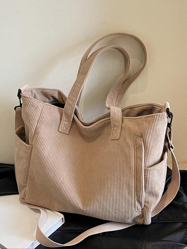 Women's Solid Color Corduroy Tote Bag, Fashionable Large Capacity Shoulder Bag for Daily Commuting, Casual Trendy Versatile High-quality Daily Commuting Bag