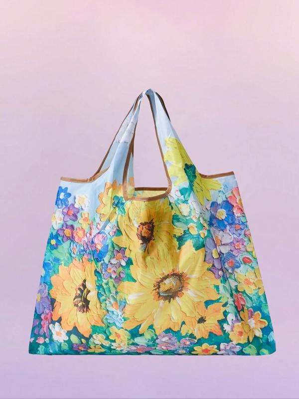 Butterfly & Floral Print Shopping Bag, Large Capacity Tote Bag for Women & Men, Casual Trendy Versatile High-quality Shopping Bag