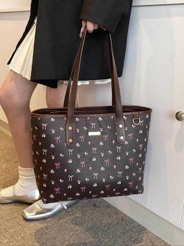 Women's Floral & Bow Pattern Tote Bag, Fashionable Large Capacity Shoulder Bag for Work & Daily Used, Casual Trendy Versatile High-quality Daily Commuting Bag