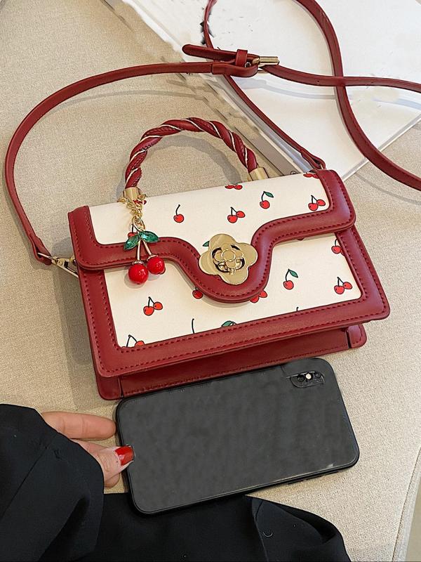 Women's Cute Cherry Graphic Handbag with Cherry Charm, Trendy Elegant Square Crossbody Bag, Chic All-match Handbag & Crossbody Bag for Daily Use