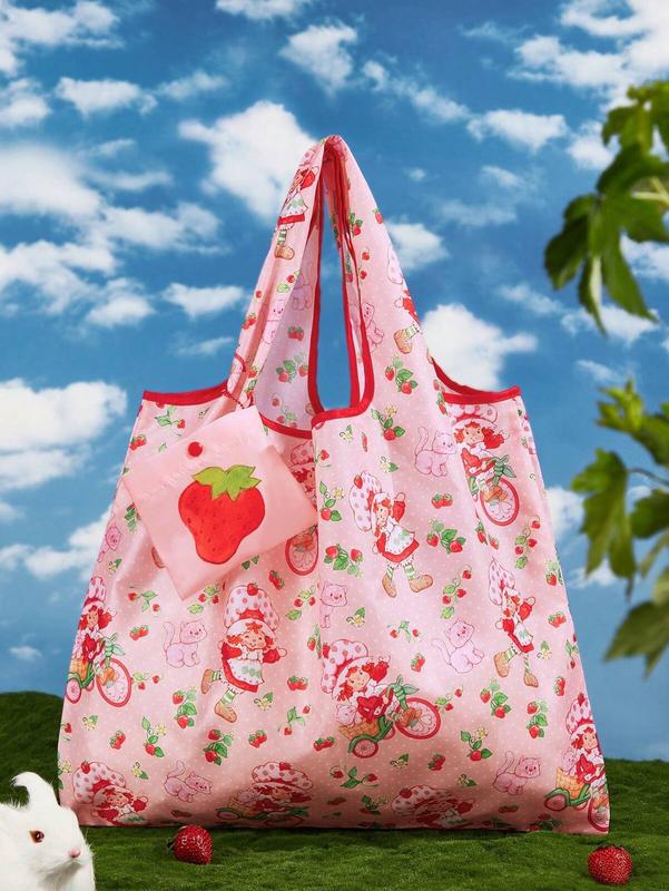 Strawberry Shortcake Cute Cartoon Character & Strawberry Print Color Block Foldable Shopping Tote Bag