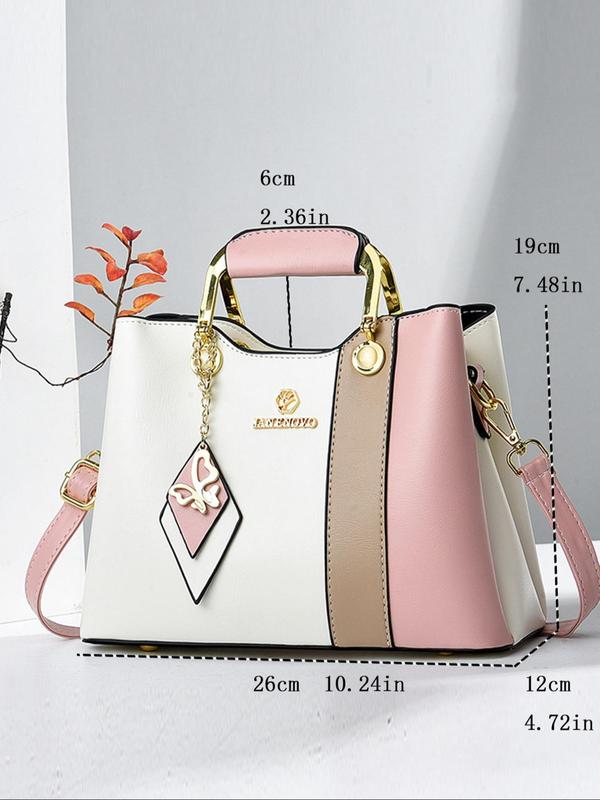 Women's Fashion Colorblock Patchwork Handbag, Casual Large Capacity Zipper Shoulder Bag with Butterfly Charm, Trendy Versatile High-quality Daily Commuting Bag