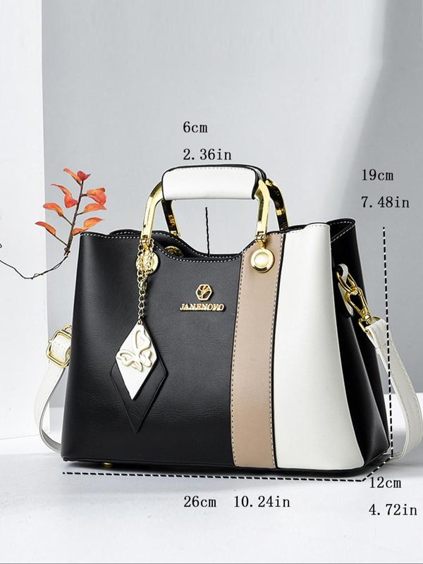 Women's Fashion Colorblock Patchwork Handbag, Casual Large Capacity Zipper Shoulder Bag with Butterfly Charm, Trendy Versatile High-quality Daily Commuting Bag