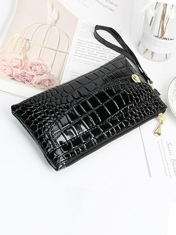 Women's Solid Color Crocodile Embossed Wristlet, Fashionable Zipper Clutch, Simple Design Plain Color Pu Leather Wallet