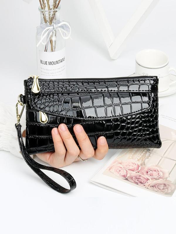 Women's Solid Color Crocodile Embossed Wristlet, Fashionable Zipper Clutch, Simple Design Plain Color Pu Leather Wallet