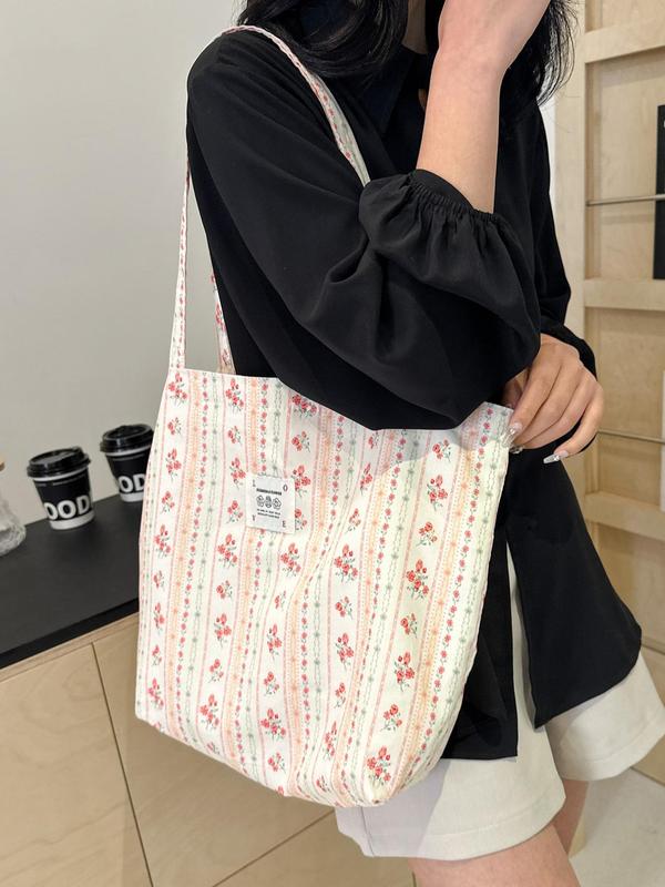 Fashionable Ditsy Floral Pattern Letters Patched Design Tote Bag, Casual Large Capacity Shoulder Bag for Women & Girls, Trendy Versatile High-quality Daily Commuting Bag