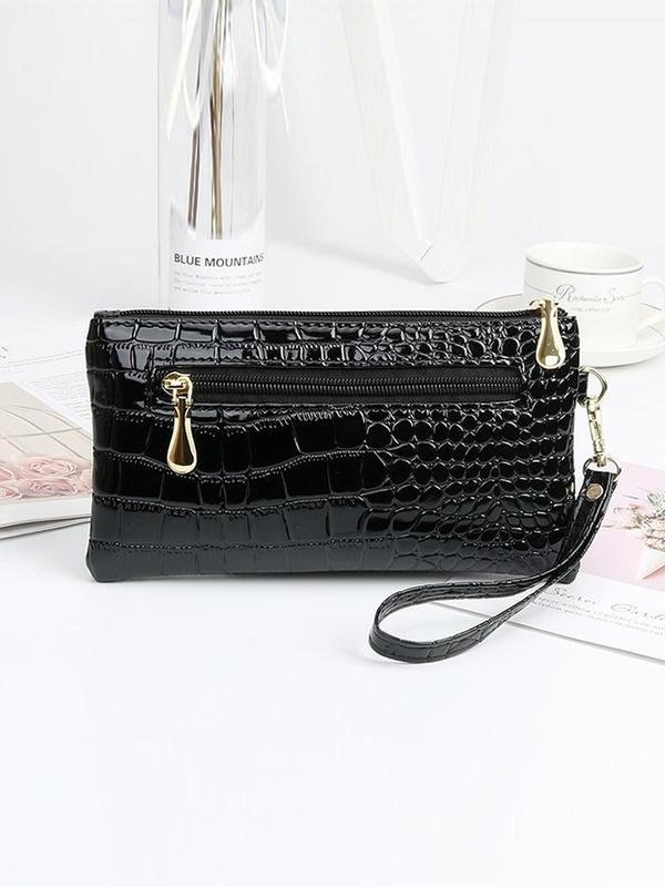 Women's Solid Color Crocodile Embossed Wristlet, Fashionable Zipper Clutch, Simple Design Plain Color Pu Leather Wallet