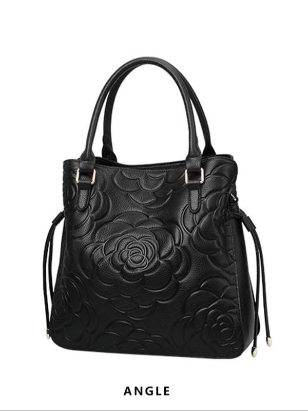 Women's Business Style Rose Embossed Handbag, Large Capacity Multi-pocket Zipper Shoulder Bag for Work & Daily Used, Casual Trendy Versatile High-quality Daily Commuting Bag