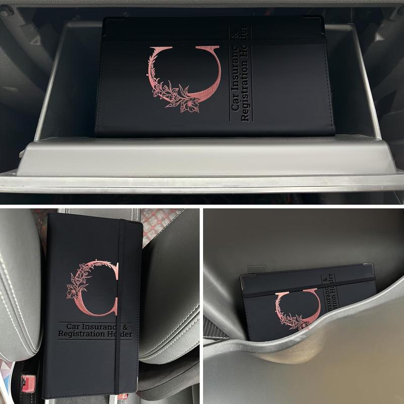 Registration and  Card Holder Alphabet Vehicle Glove Box Organizer PU Leather  Document Holder for Cards, Driver License &  Document  Accessories,Black C