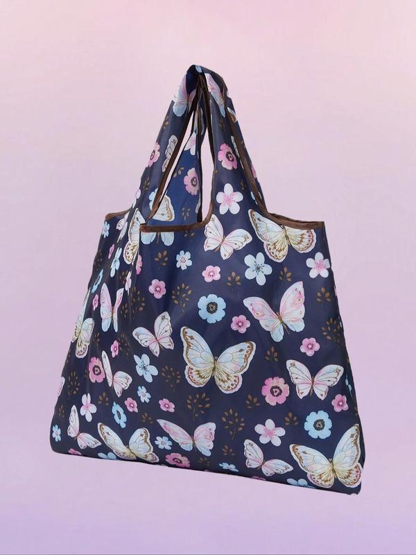 Butterfly & Floral Print Shopping Bag, Large Capacity Tote Bag for Women & Men, Casual Trendy Versatile High-quality Shopping Bag