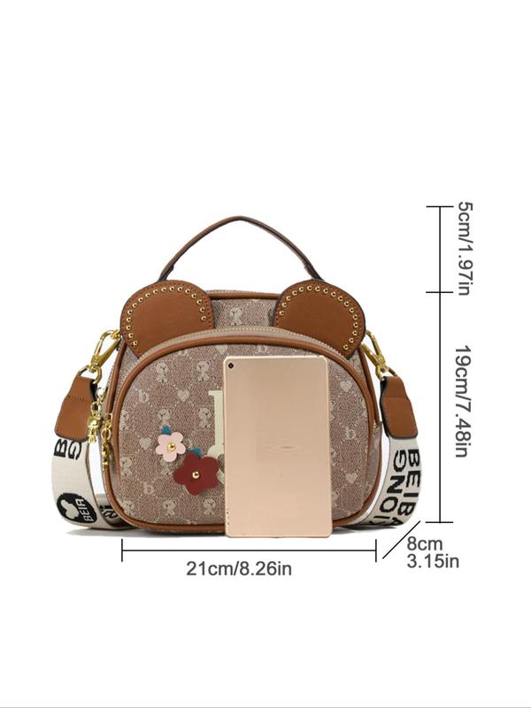 Flower Decor Cartoon Bear Pattern Crossbody Bag, with Cute Bear Ears, Fashionable PU Leather Handbag for Women, All-match Bag for Daily Life