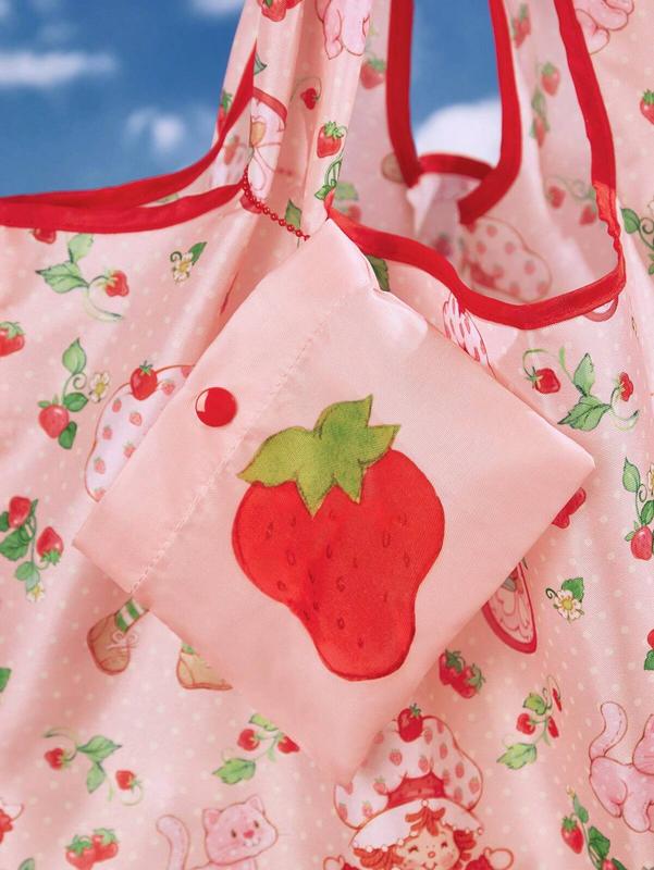 Strawberry Shortcake Cute Cartoon Character & Strawberry Print Color Block Foldable Shopping Tote Bag