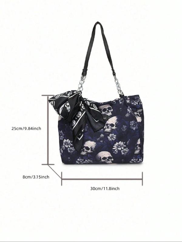 Women's Creative Fashion Random Skull Print Tote Bag for Gift, Casual Versatile Zipper Shoulder Bag, Trendy All-match Bag for Daily Use