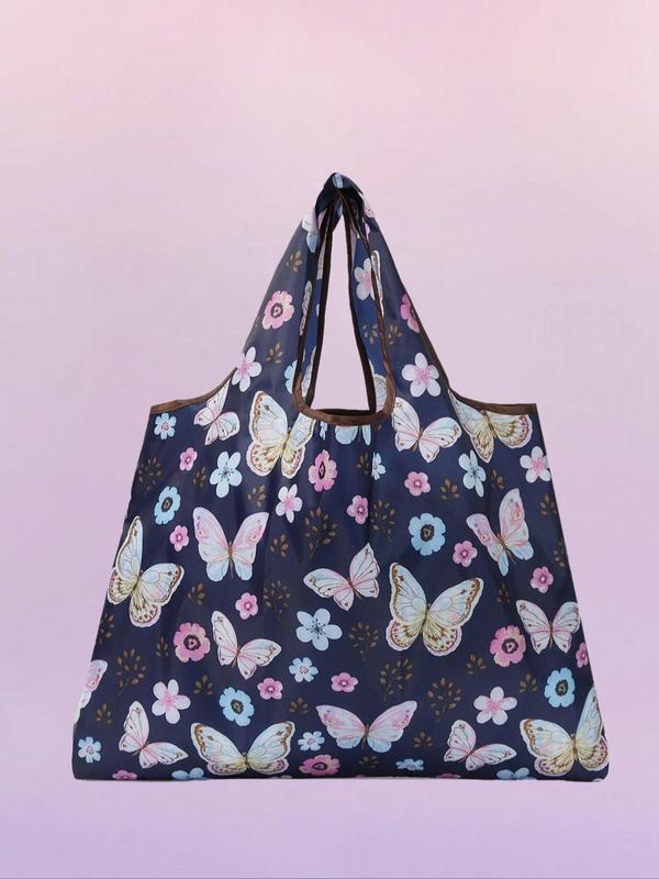 Butterfly & Floral Print Shopping Bag, Large Capacity Tote Bag for Women & Men, Casual Trendy Versatile High-quality Shopping Bag