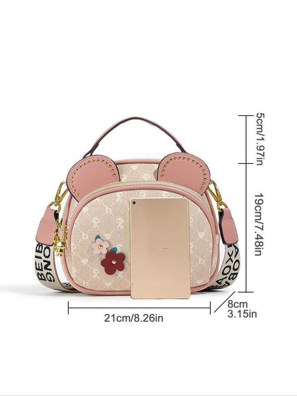 Flower Decor Cartoon Bear Pattern Crossbody Bag, with Cute Bear Ears, Fashionable PU Leather Handbag for Women, All-match Bag for Daily Life