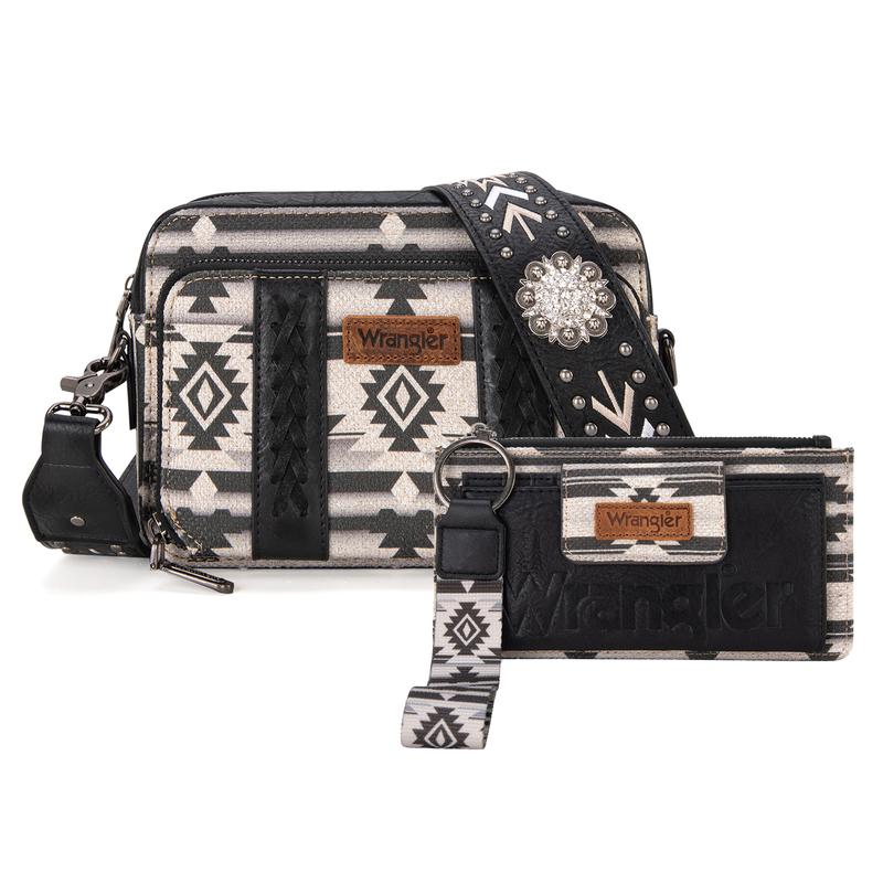 Wrangler Women's Boho Aztec Small Multi Pocket Crossover Purse x Aztec Clutch Wristlet Wallet with Boho Credit Card Holder