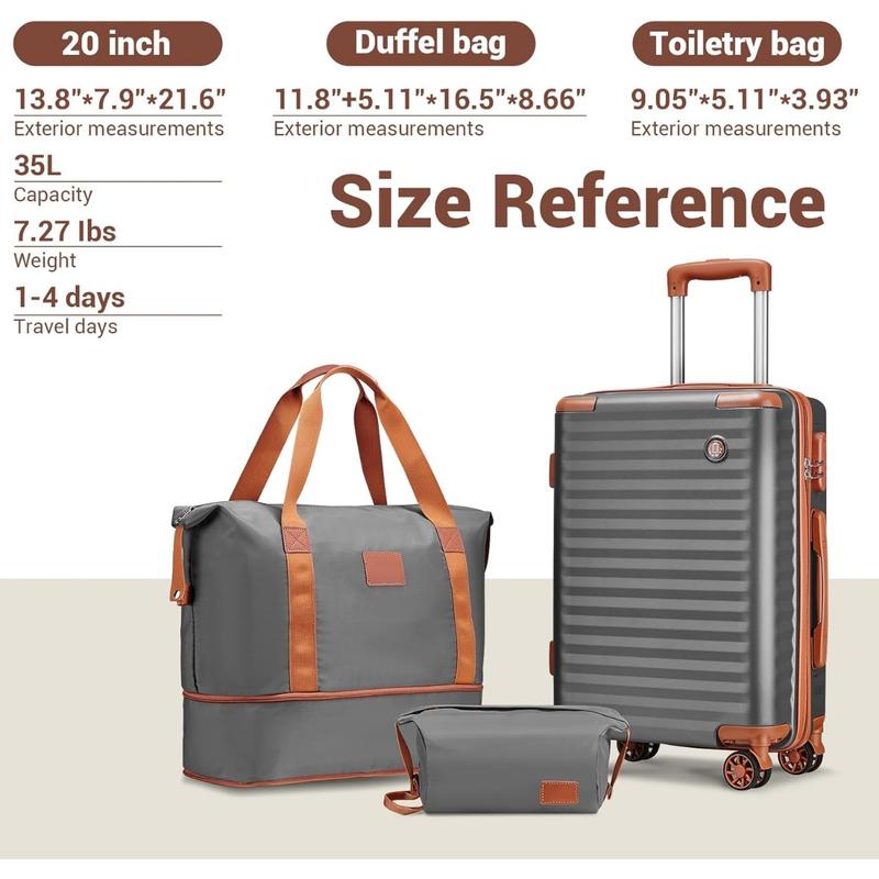 Carry on Luggage 20 Inch Suitcases with Spinner Wheels, Hard Shell Luggage Sets 3 Piece Travel Suitcase Set with Combination Lock(20-In, Grey Brown)