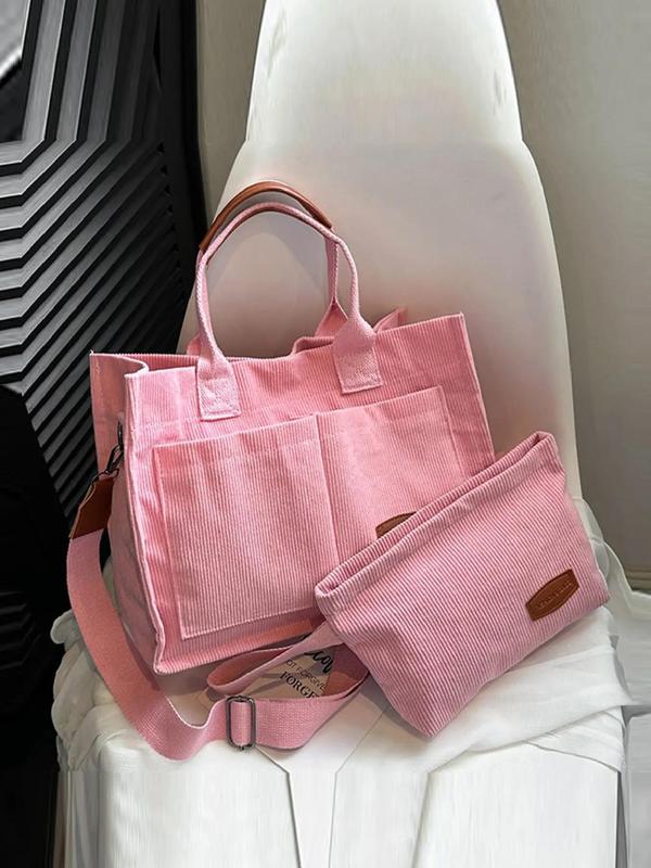 Women's Casual Plain Corduroy Zipper Tote Bag & Makeup Bag Set, 2024 New Style Simple Design Tote Bag & Makeup Bag, Versatile Bag Set for Daily Use Fall, Purse